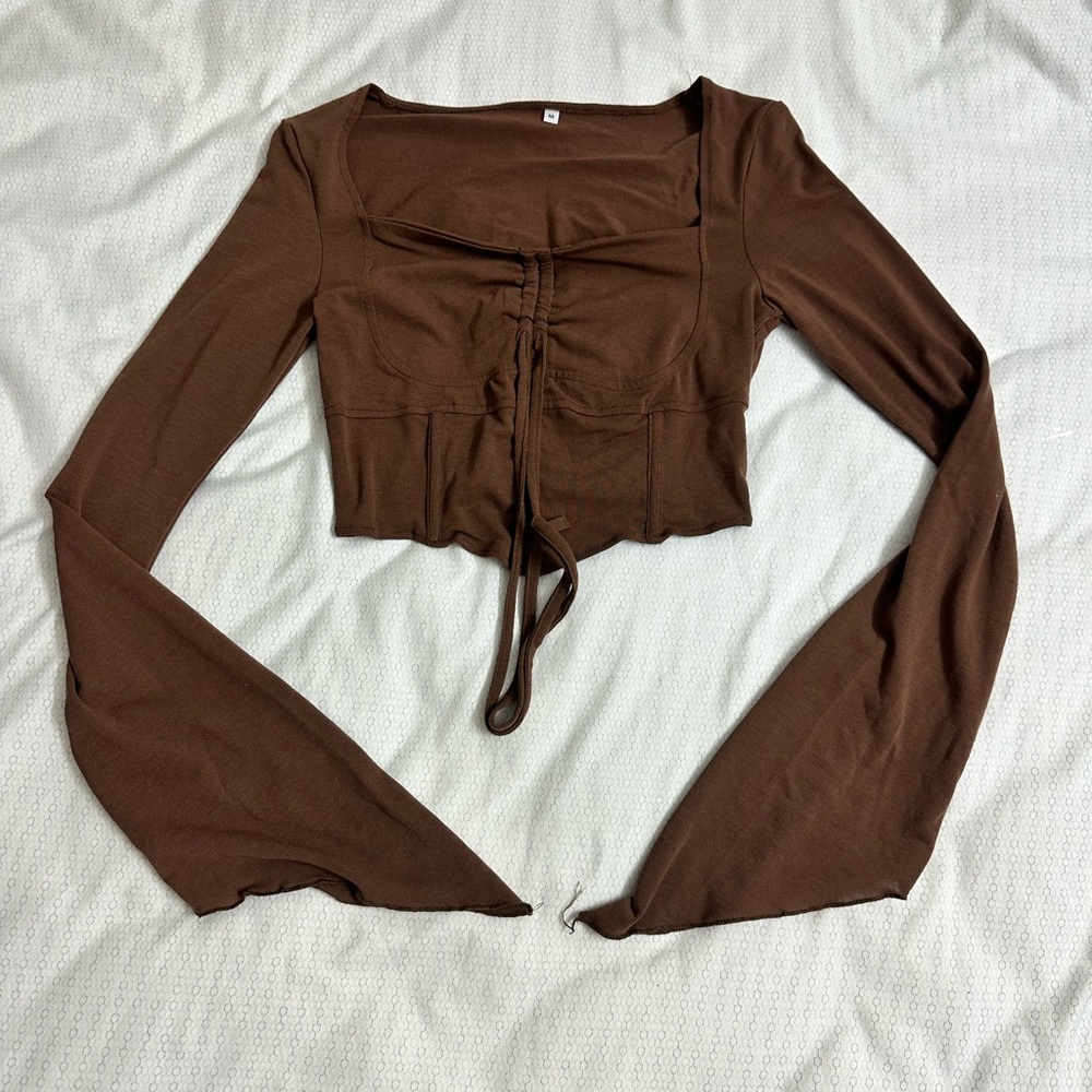 Women's Brown Square Neck Drawstring Long-Sleeve Crop Top